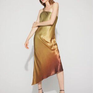 White House Black Market Gold and Tan One-Shoulder Ombre Satin Slip Dress 14